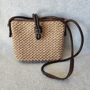 Vintage Brighton Natural Woven Jute Twine Brown Leather Braid Strap Shoulder Bag